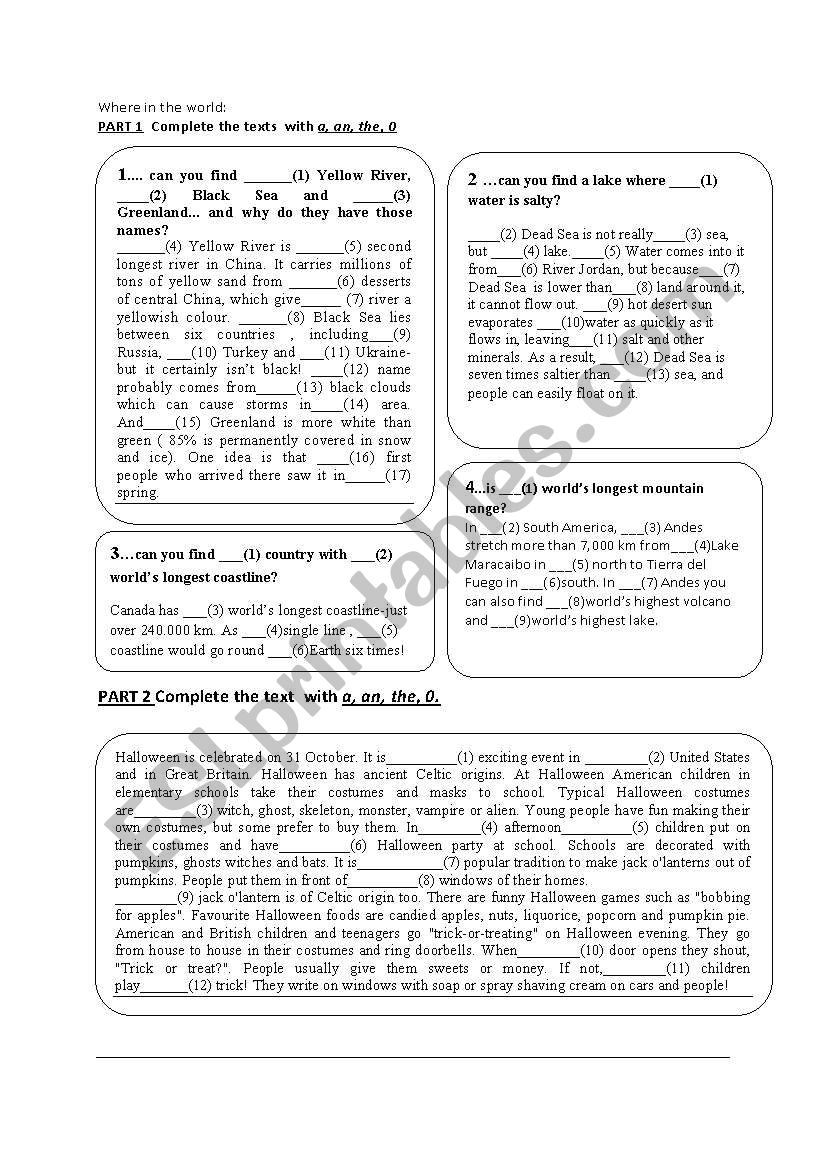 articles worksheet