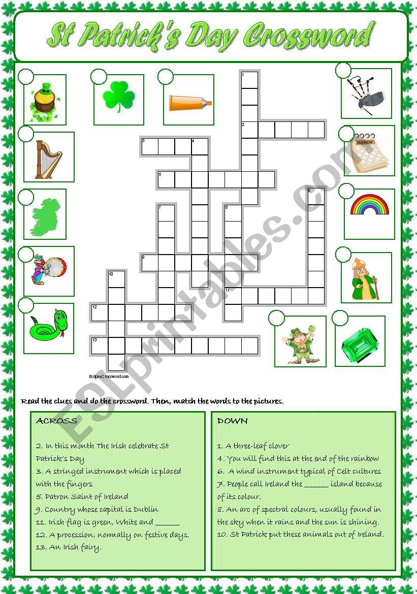 Saint Patricks Day crossword worksheet