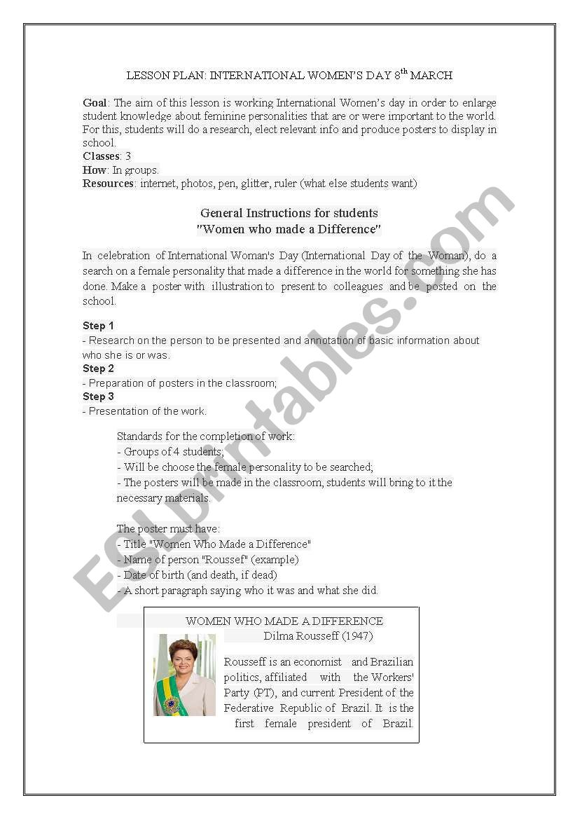 International womenÂ´s day worksheet