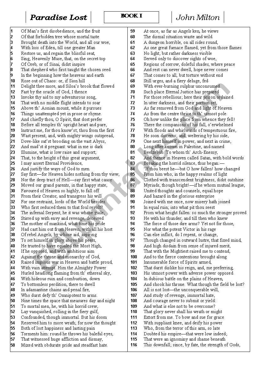 Paradise Lost - BOOK I  worksheet