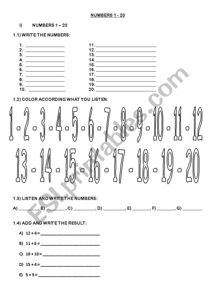 Numbers 1 - 20 for kids and adults