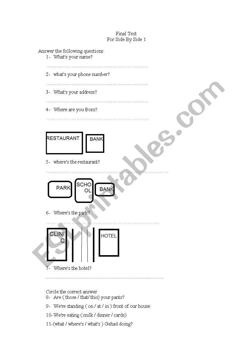 side by side 1a final test worksheet