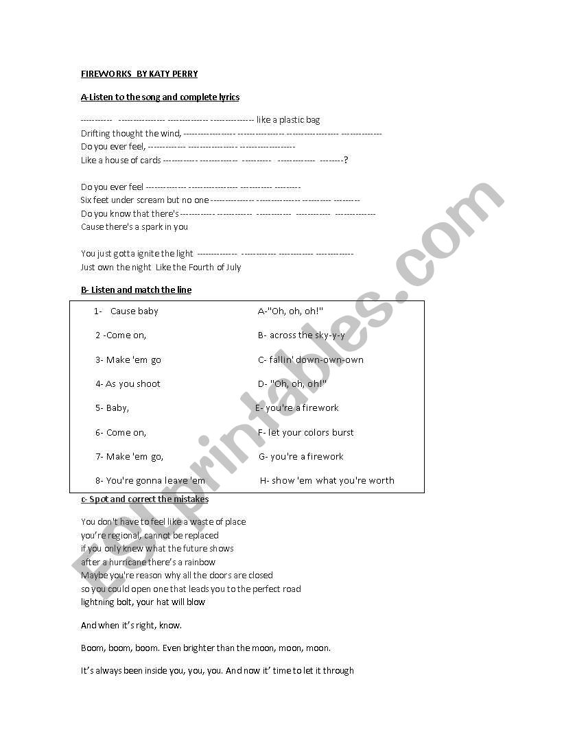 FIREWORKS by Katie Perry worksheet