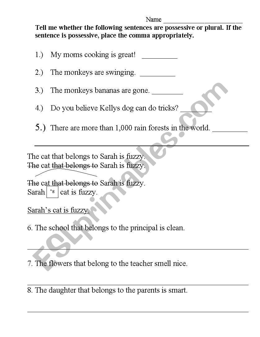Possessives Instructional Worksheet or Quiz