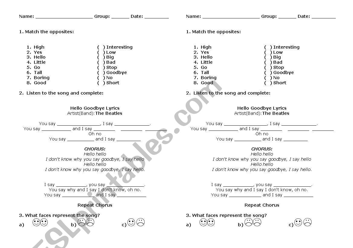 Song Hello goodbye worksheet