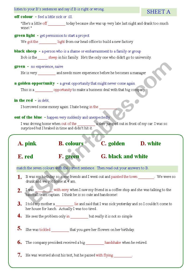 colour idioms worksheet