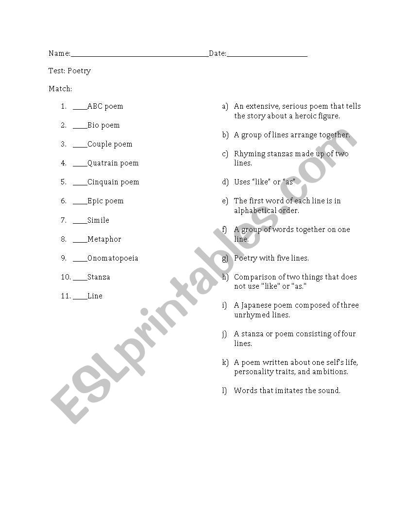 Test of Poetry worksheet