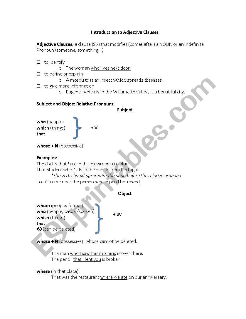 Adjective Clause Explanation and Practice