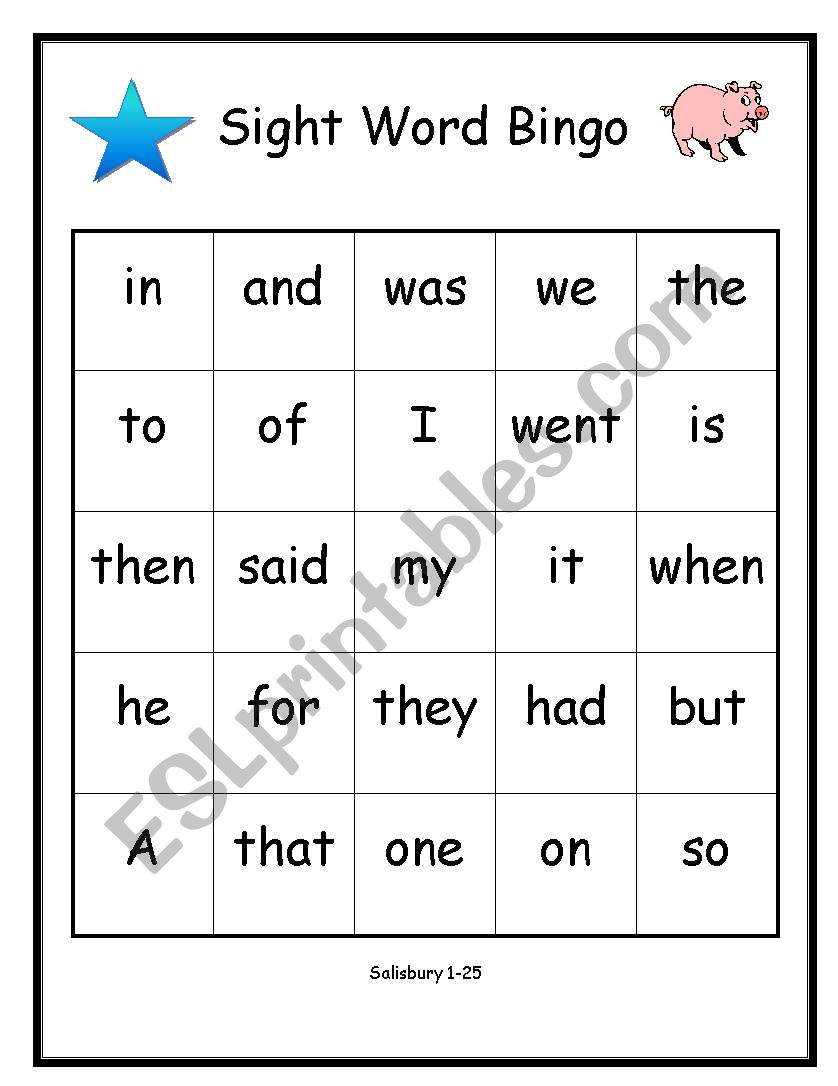 Bingo - Salisbury Sight Words 1-25