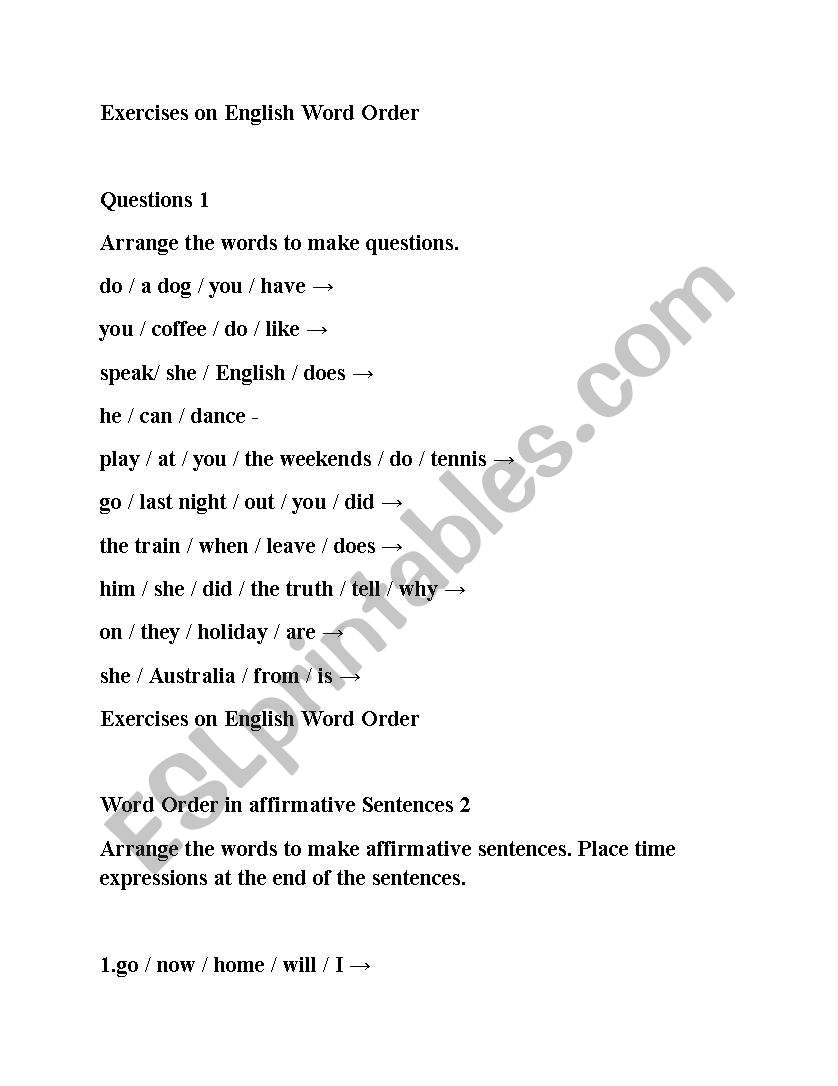word order worksheet