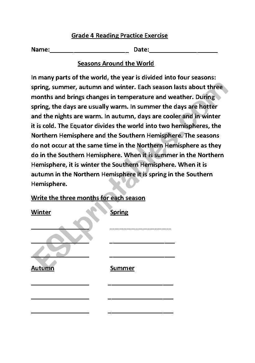 Grade 4 Reading Practice worksheet