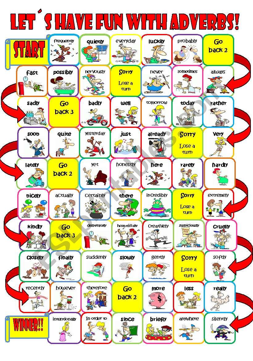 adverb board game worksheet