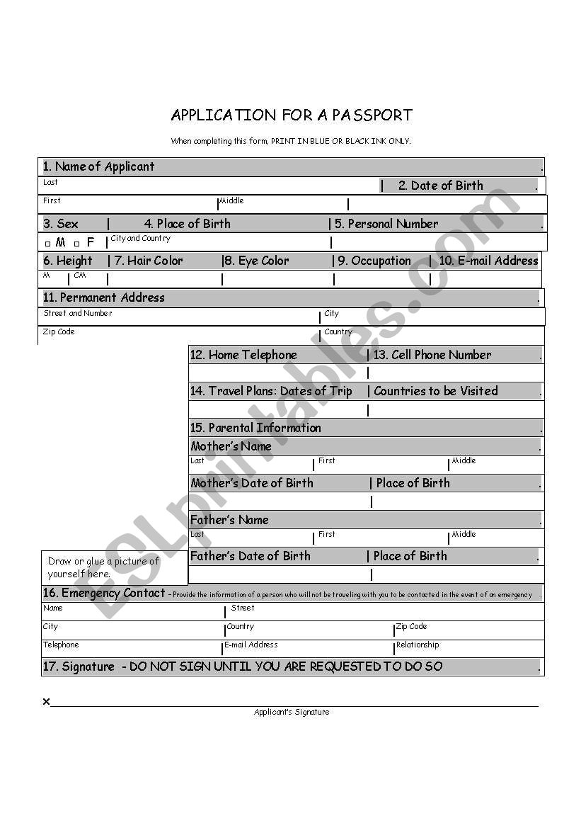 Passport Application worksheet