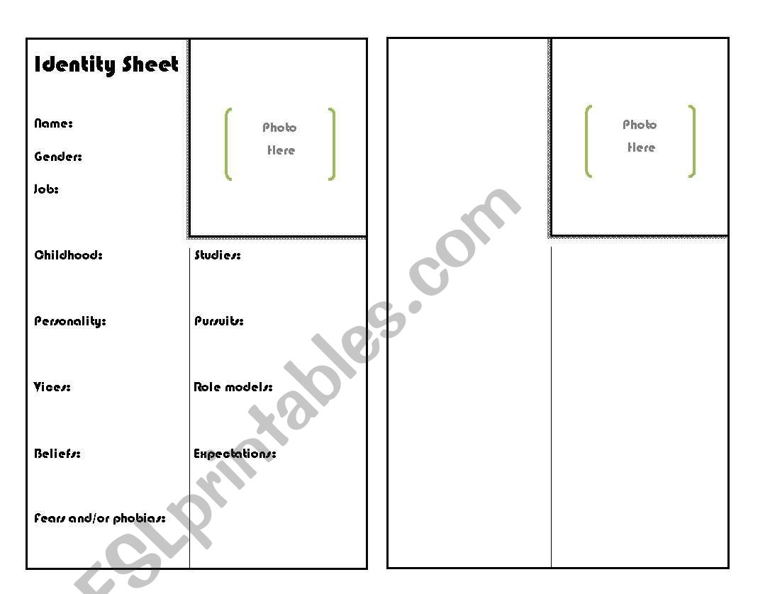 Identity sheet worksheet