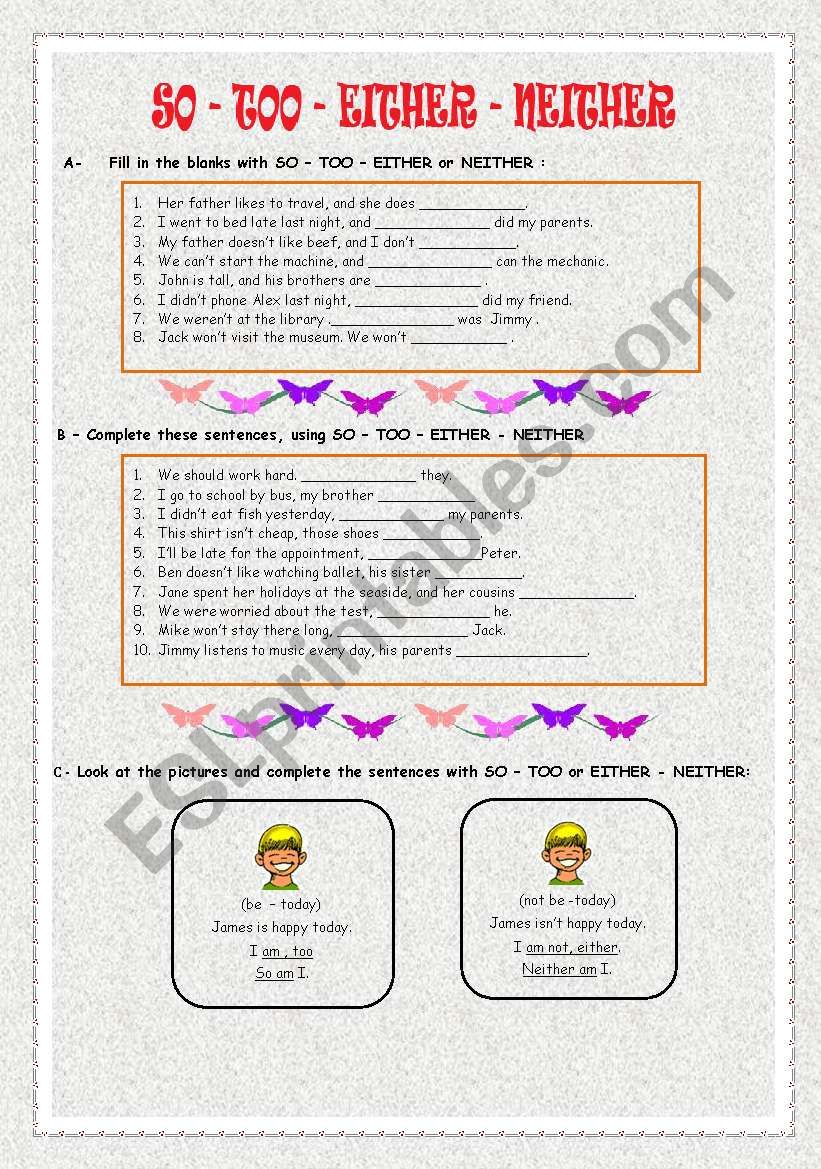 SO -TOO -EITHER -NEITHER worksheet