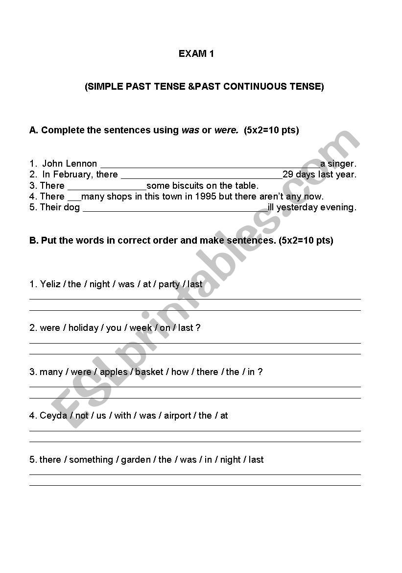 past tenses-exams worksheet