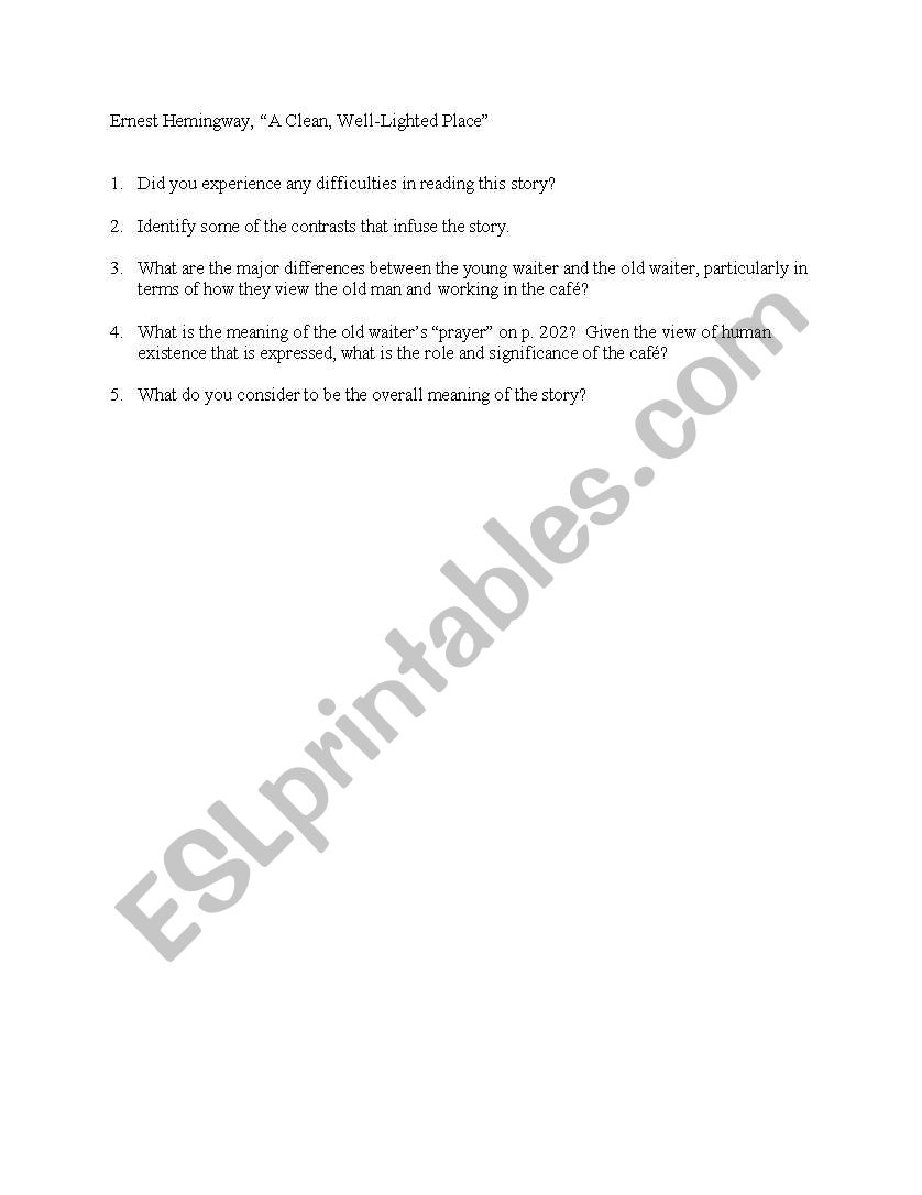 a clean, well-lighted place worksheet