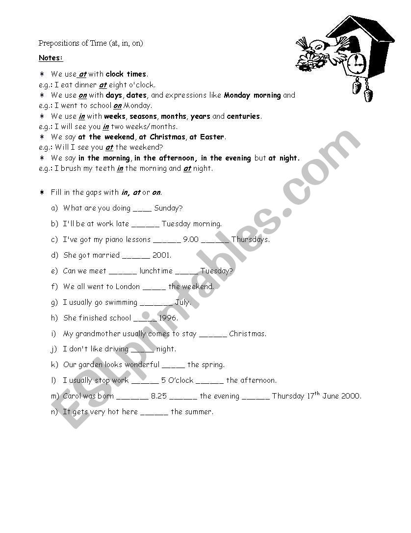 Prepositions of Time - Elementary