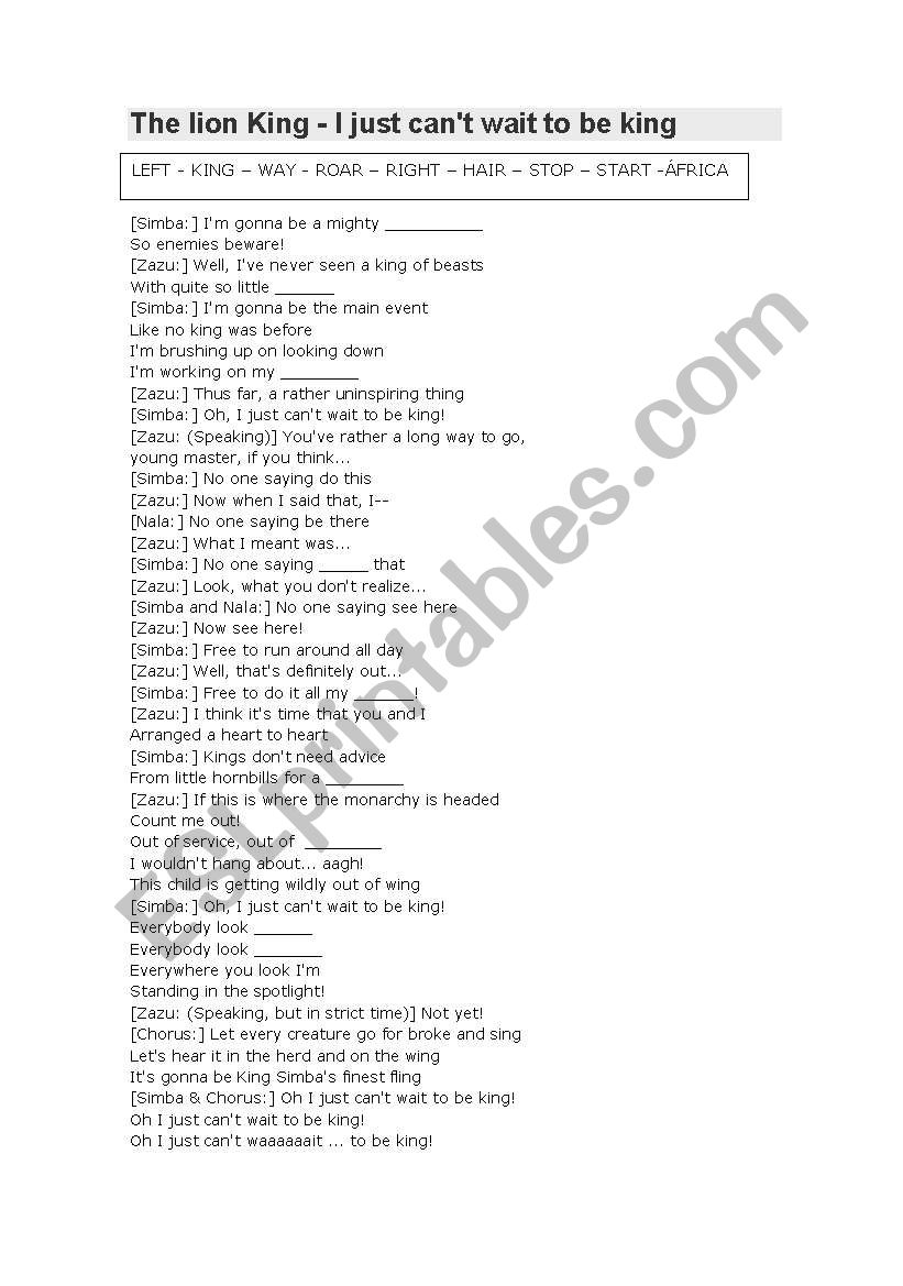 English worksheets: SONG: The lion King - I just can´t wait to be king