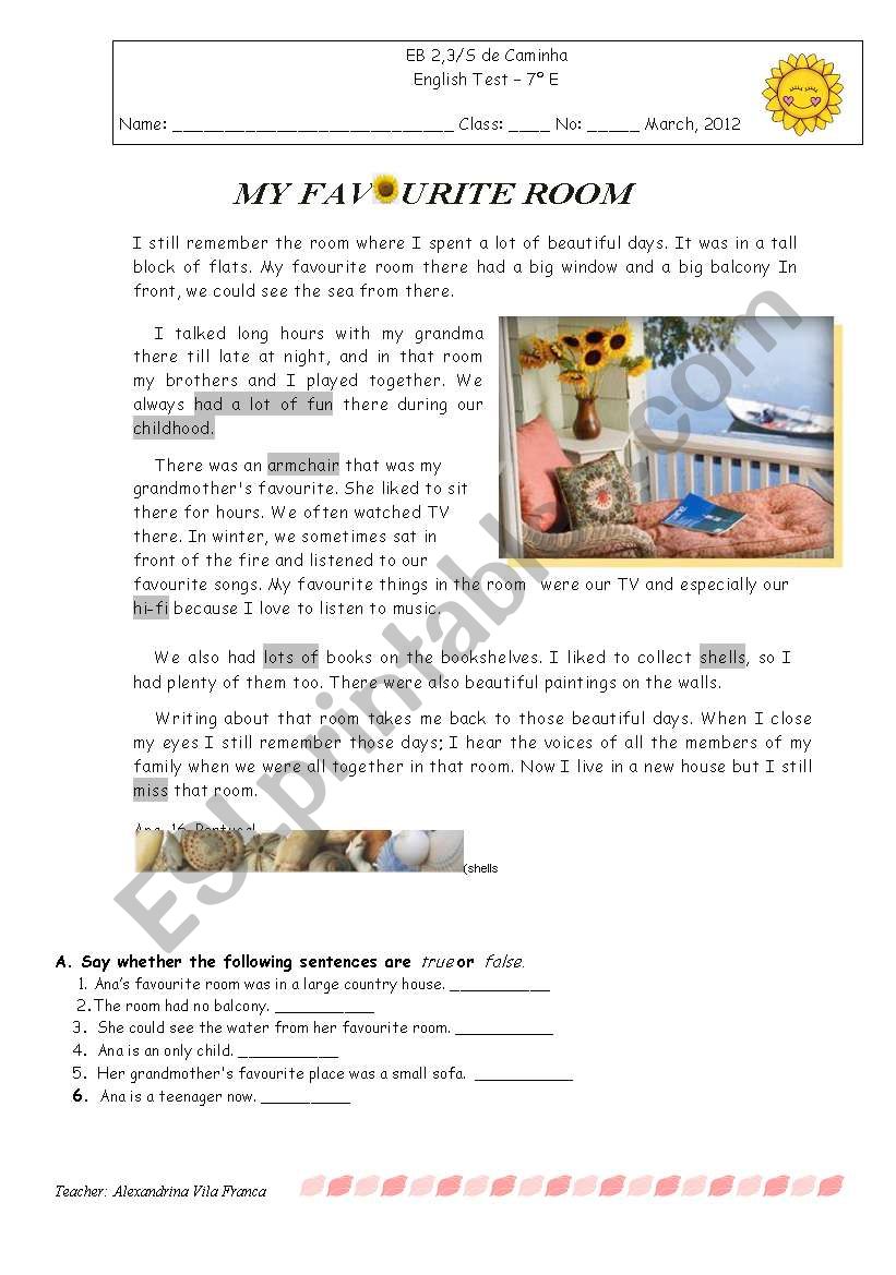 Test - My favourite room worksheet