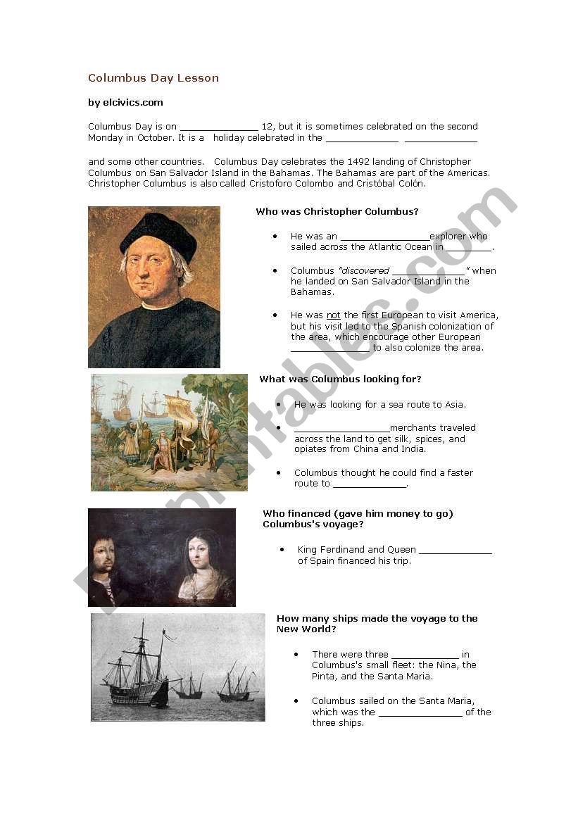 Columbus Day worksheet