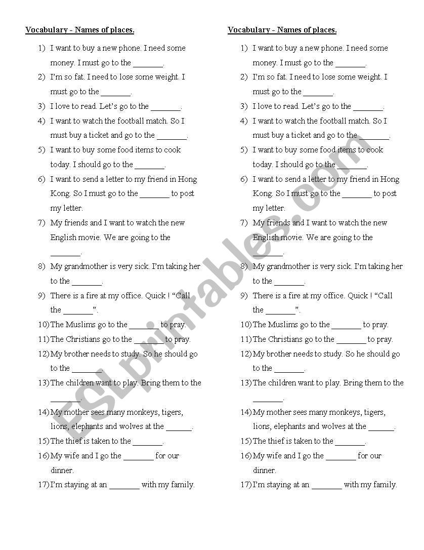 Vocabulary-names of places worksheet
