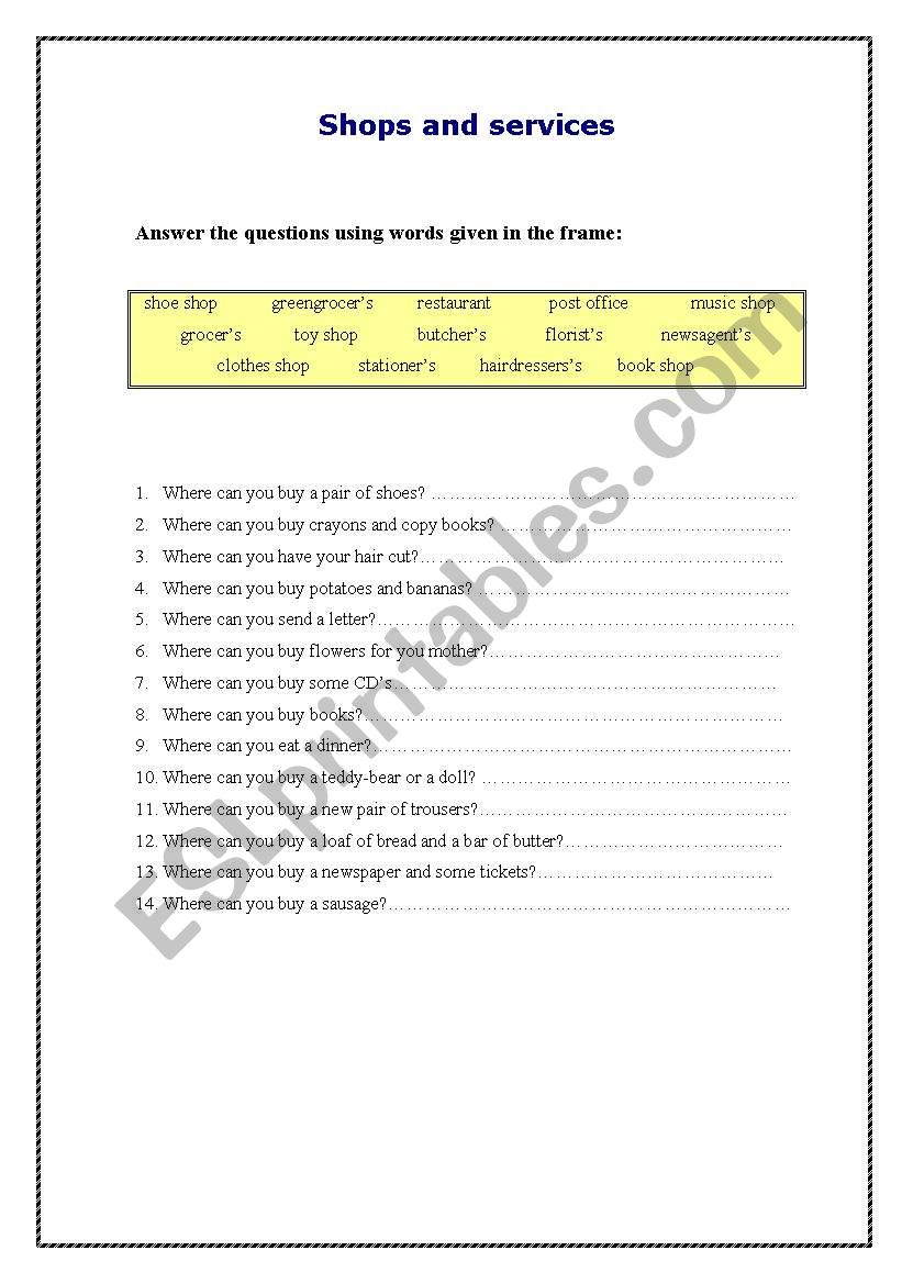 shops and services worksheet