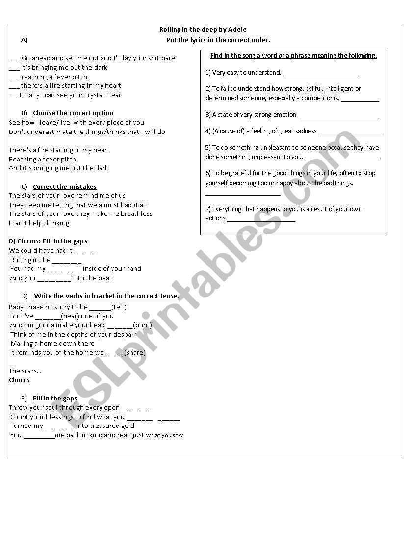 Rolling in the deep by Adele worksheet