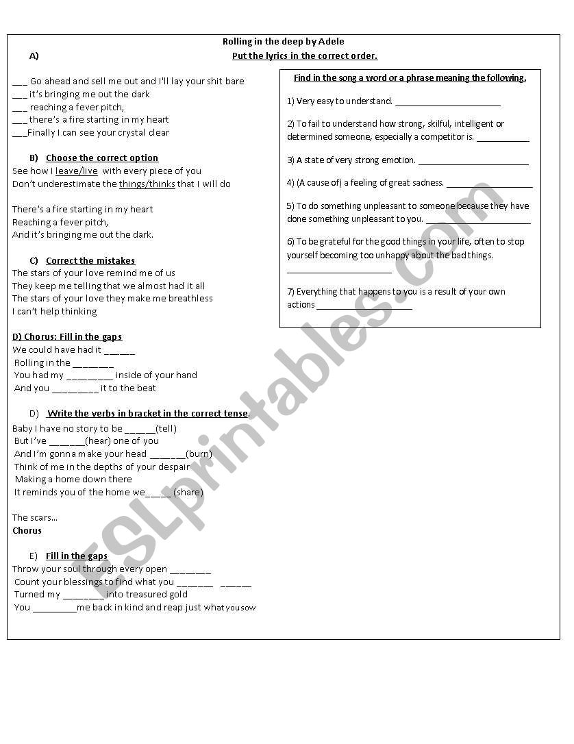 Rolling in the deep by Adele worksheet