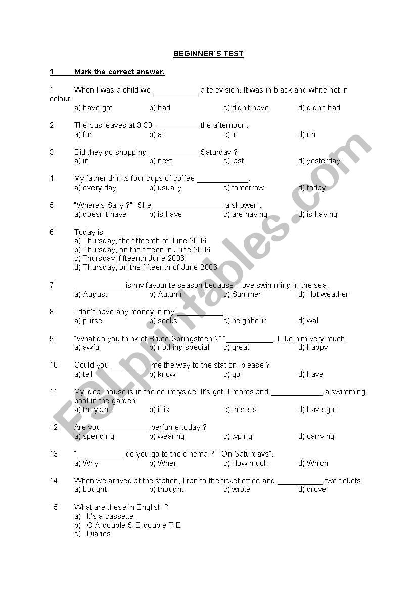 Beginners test worksheet