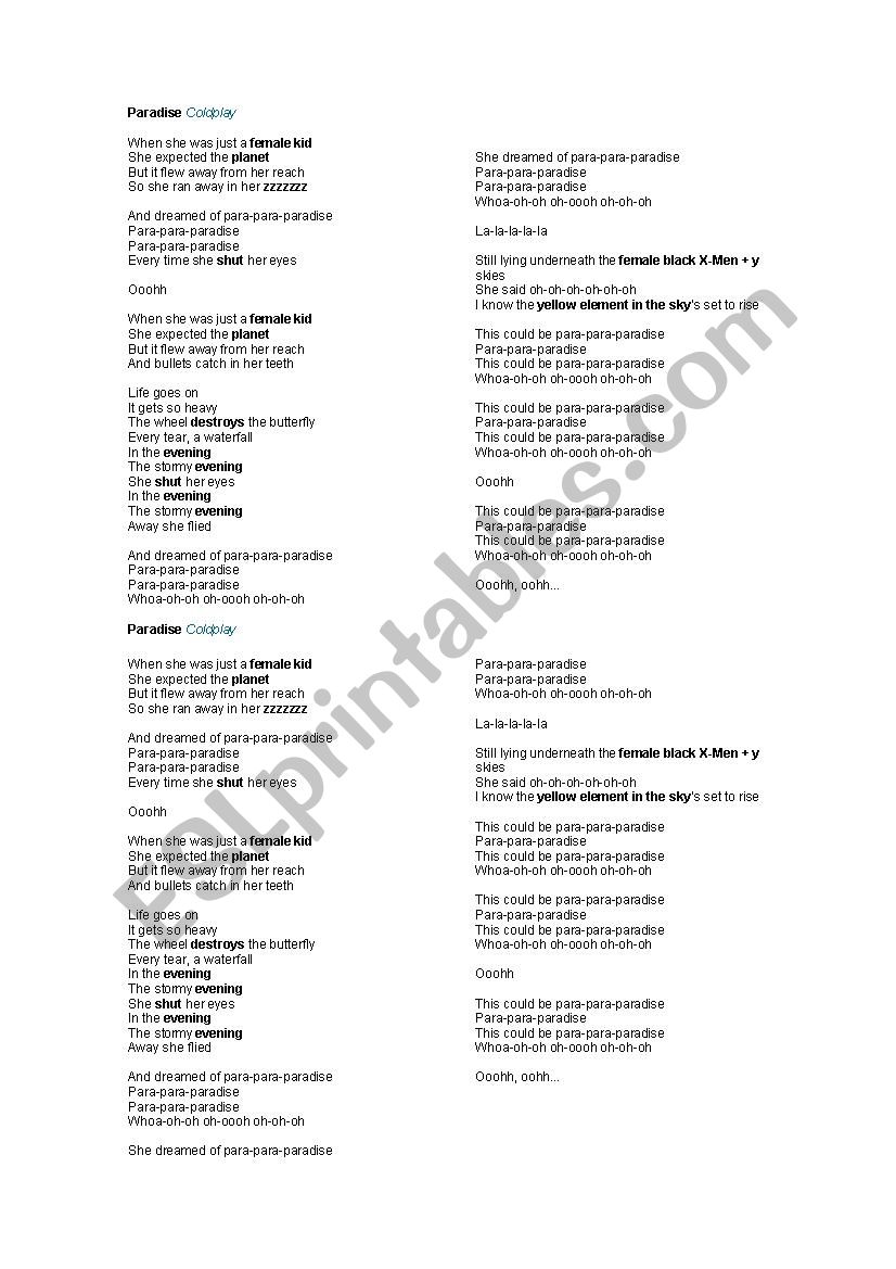Paradise by Coldplay worksheet