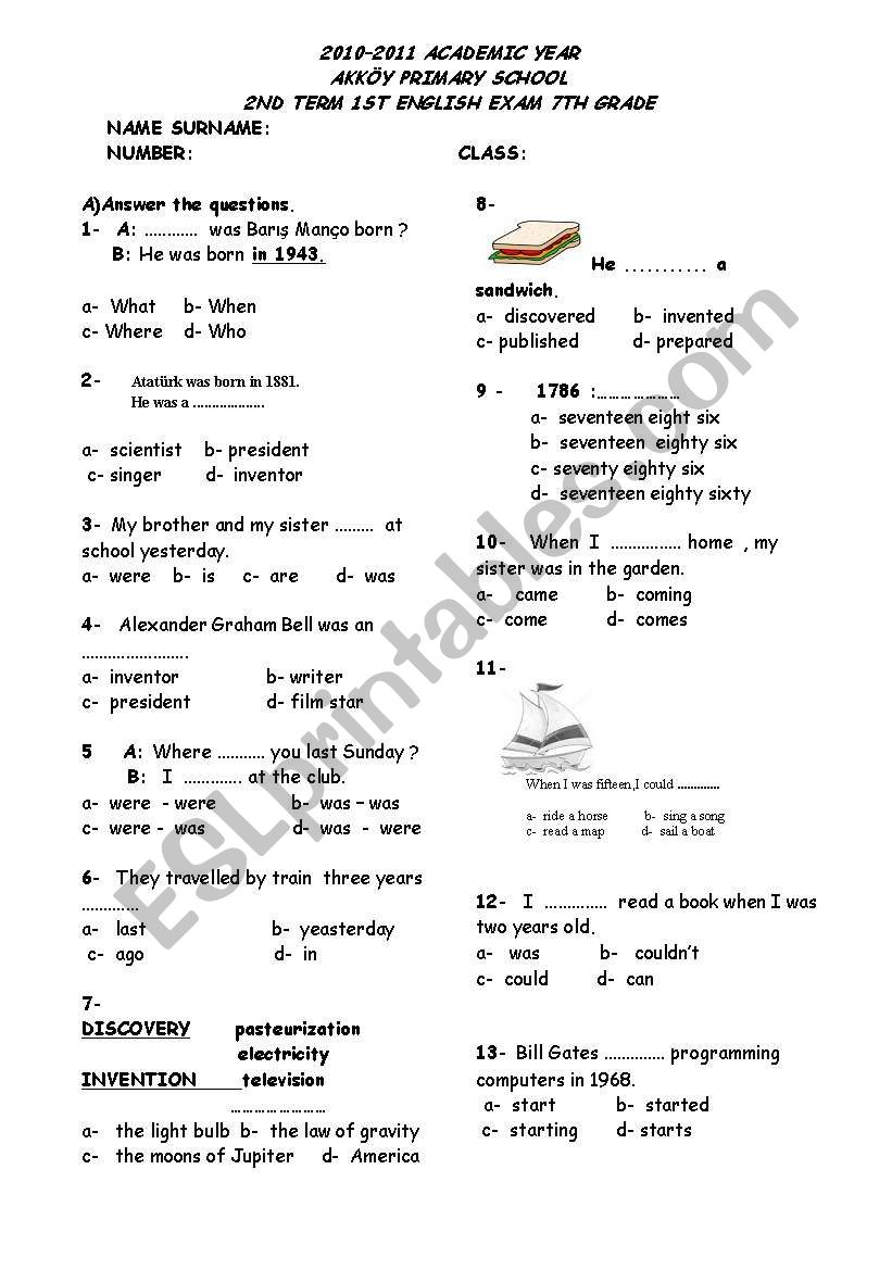 A Test On Simple Past worksheet