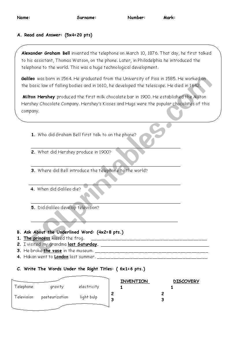 An exam on Simple Past worksheet
