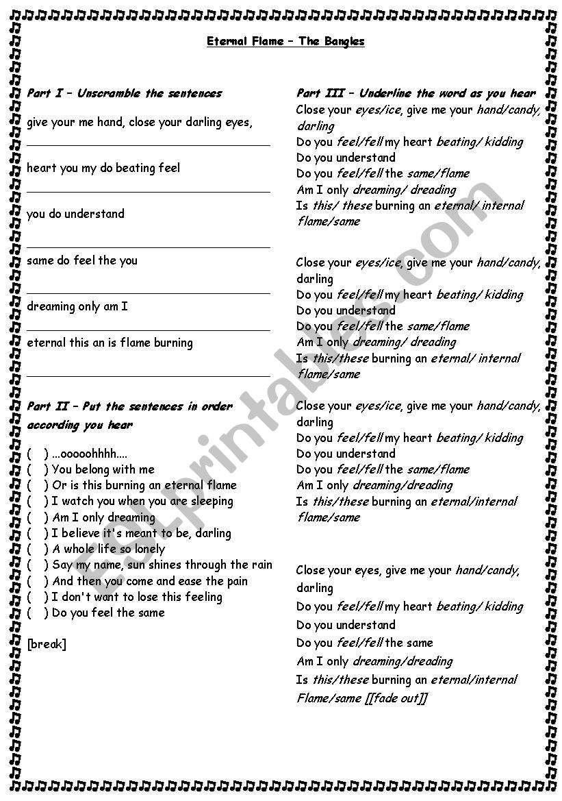 Song - Eternal Flame worksheet