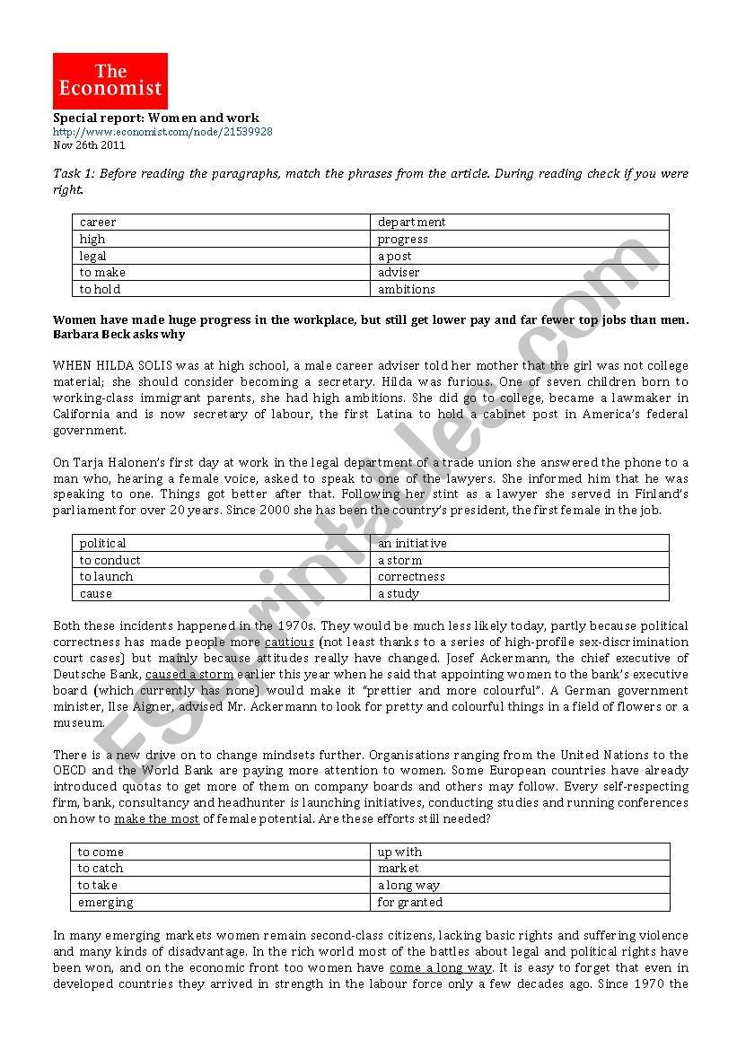 Women and Work worksheet