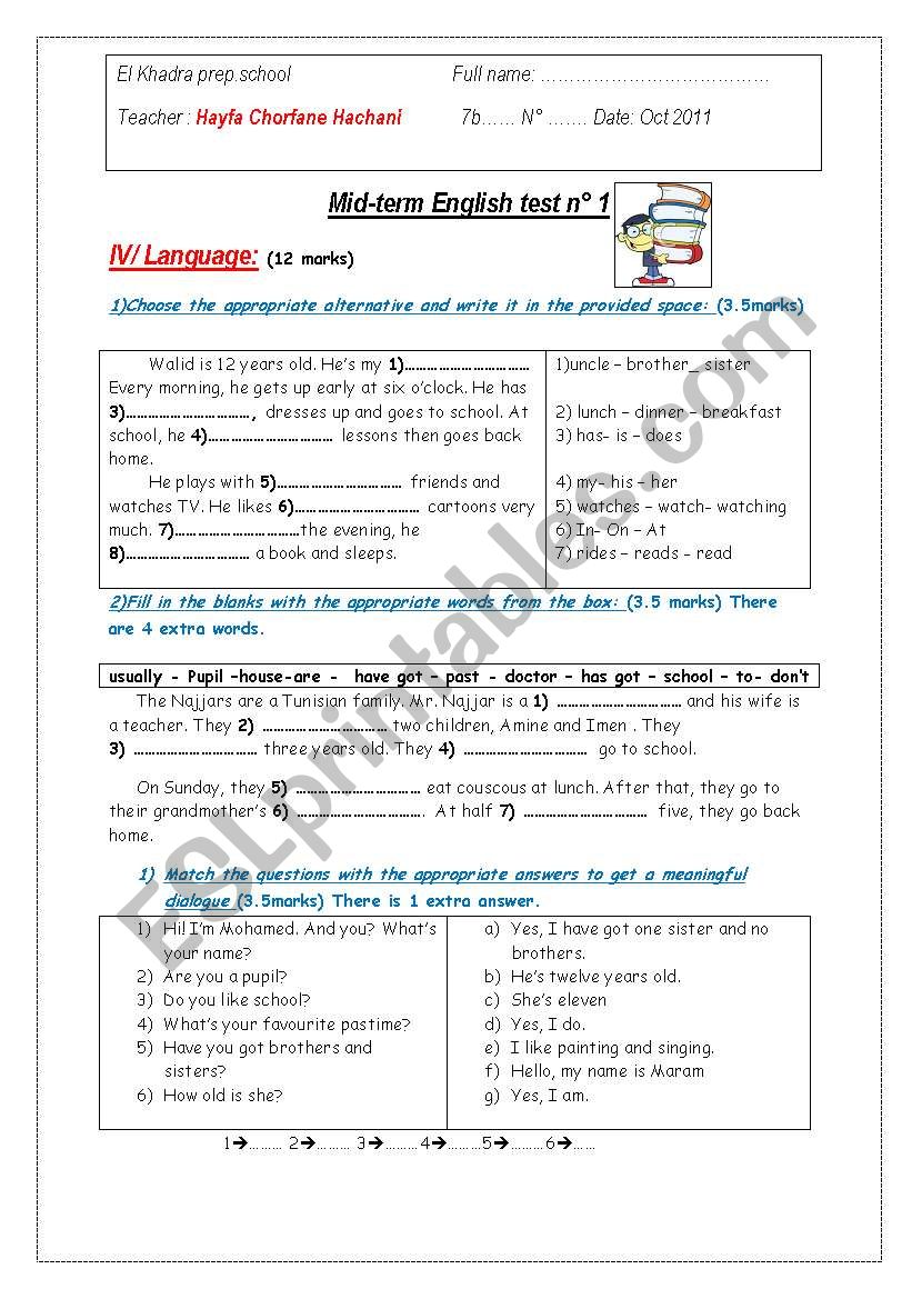 EXAM 7th form worksheet