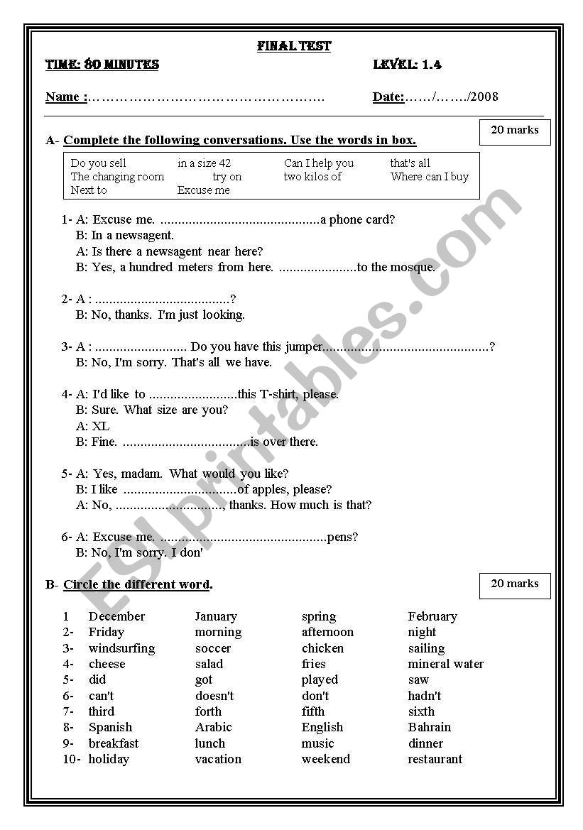 LEVEL TEST worksheet