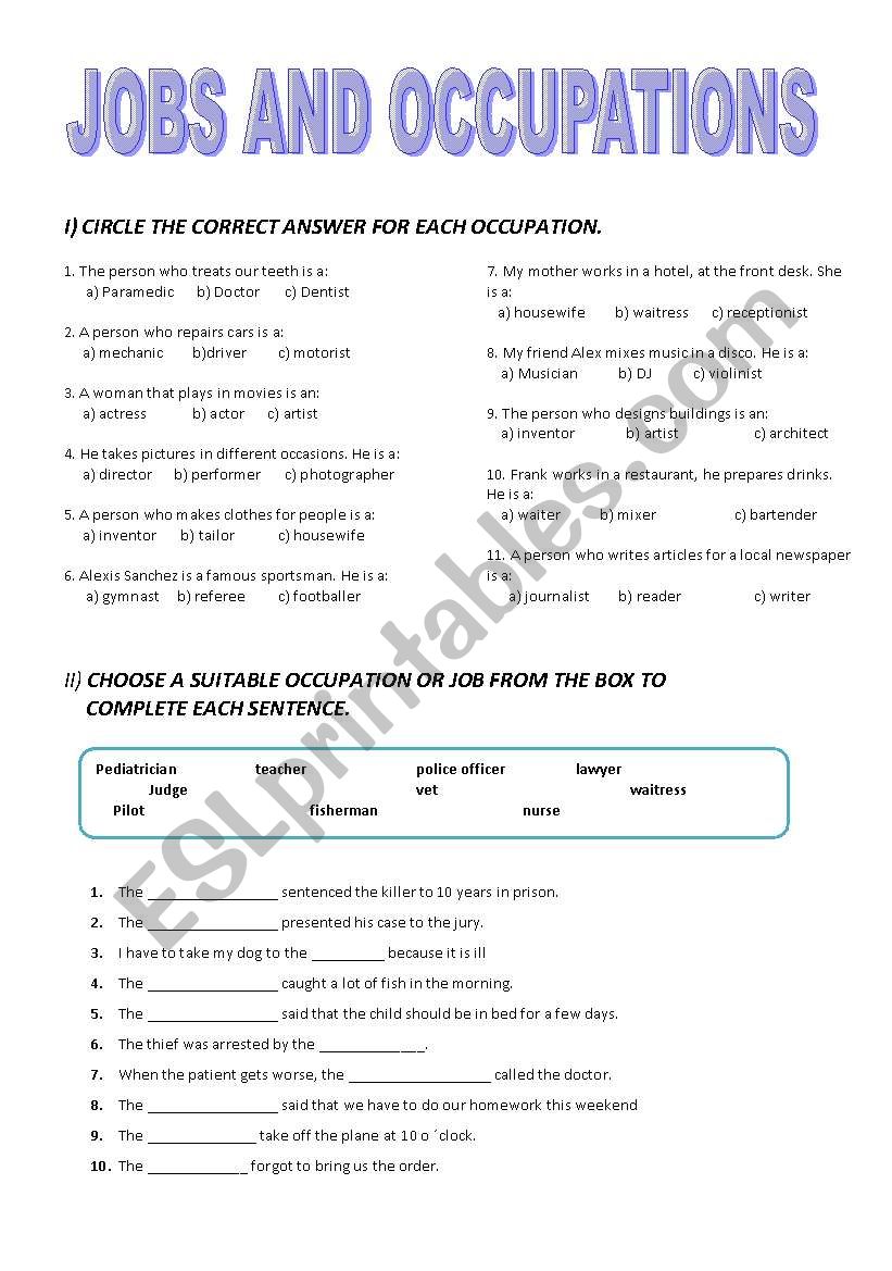 JOBS AND OCCUPATIONS worksheet