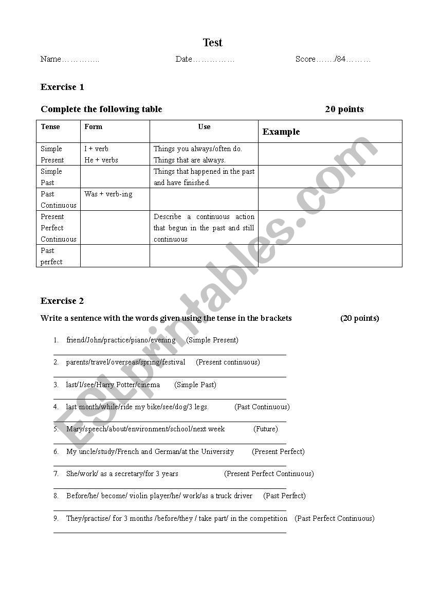 Test for tenses worksheet