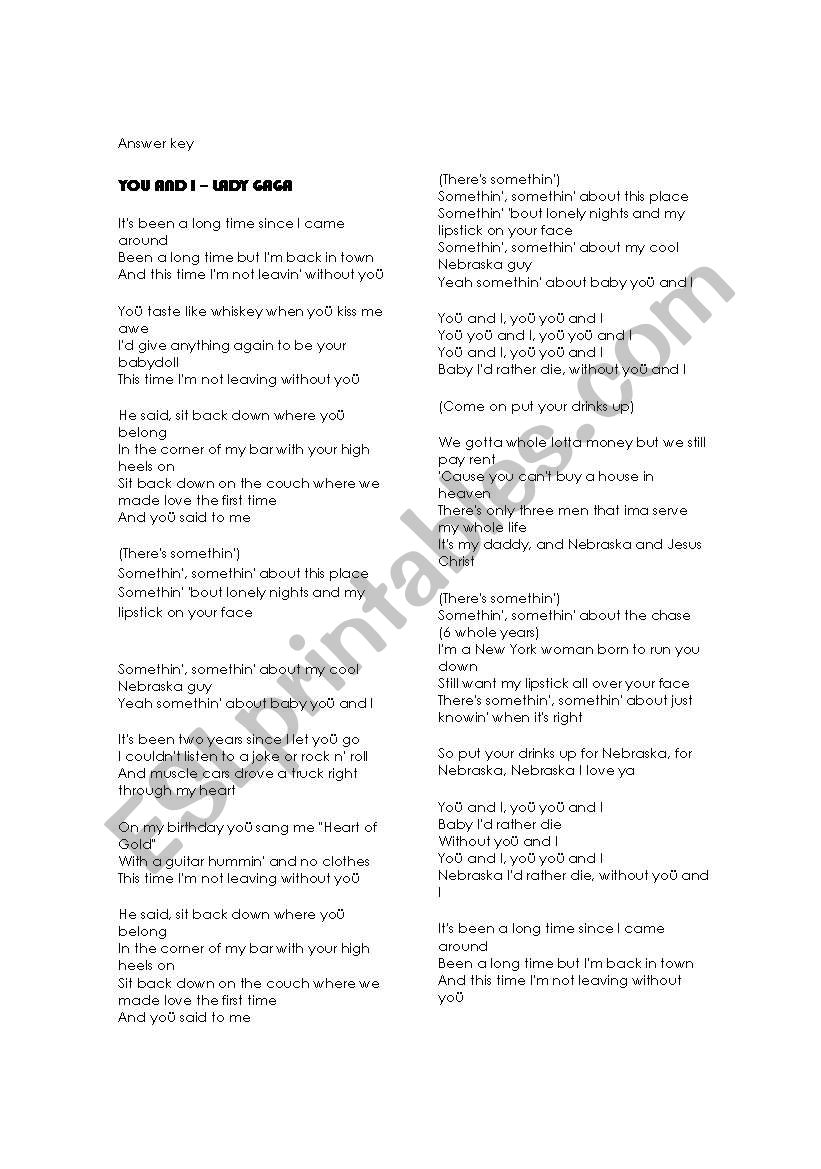 You and I Lady Gaga worksheet