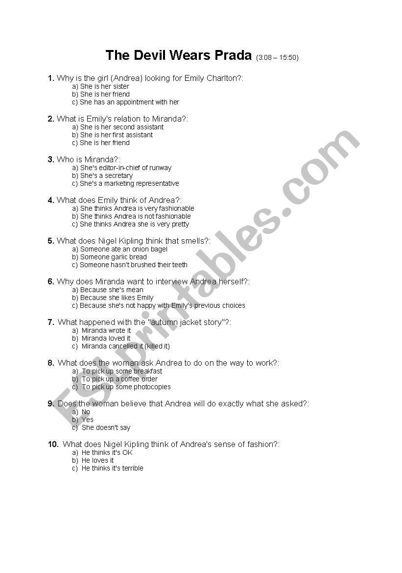 FILM CLIP Devil wears Prada worksheet