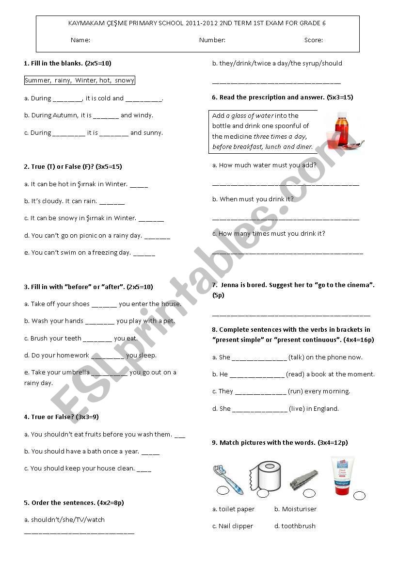 6th grade 2011-2012 2nd term exam