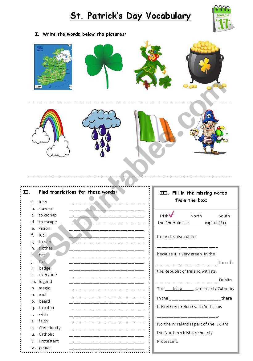 St. Patricks Day Vocabulary exercises --> WITH KEY!!!! UPDATED VERSION!!!