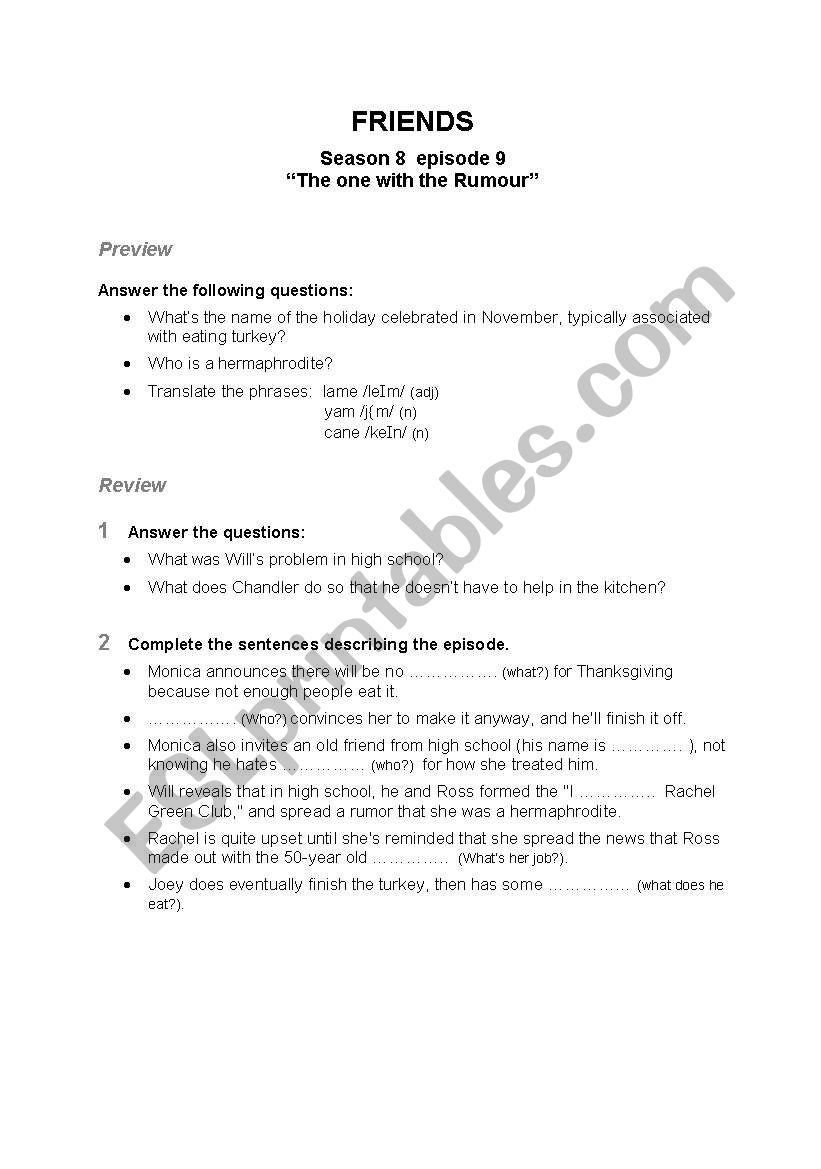 Friends - Episode 9 Season 8 worksheet