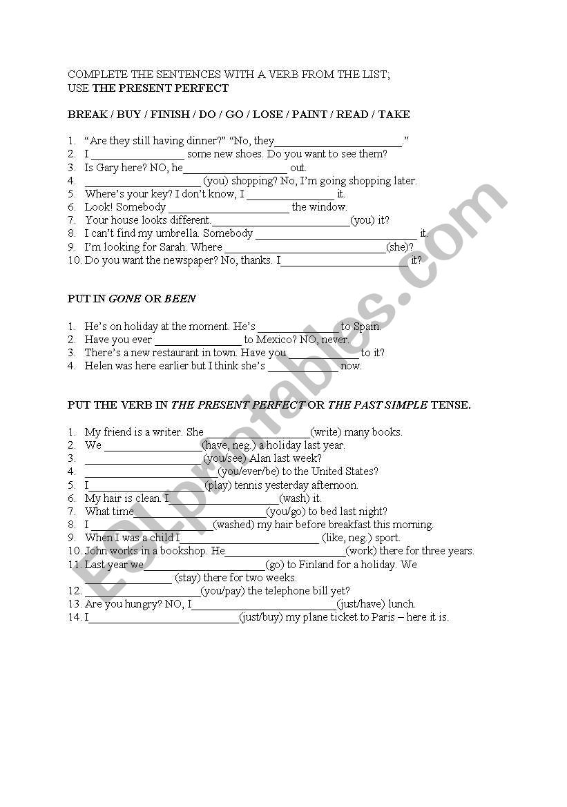 Present Perfect Exercises worksheet