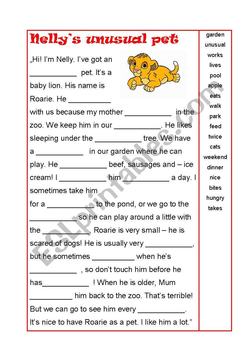 Nellys unusual pet worksheet