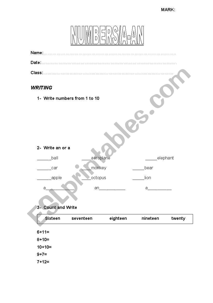 Numbers a/an worksheet