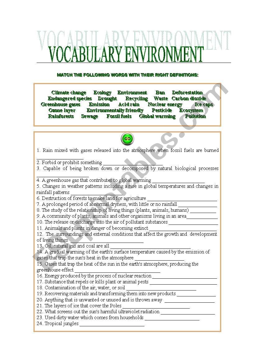 VOCABULARY ENVIRONMENT worksheet