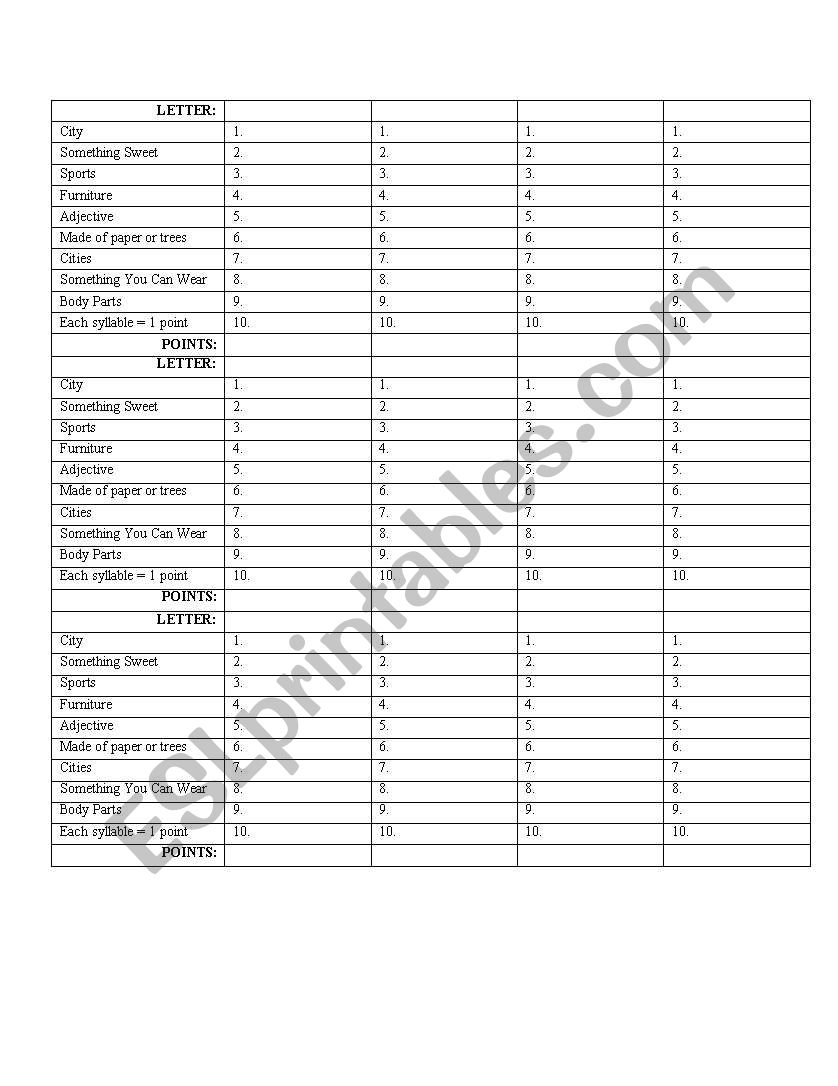 Scattergories- Category List worksheet