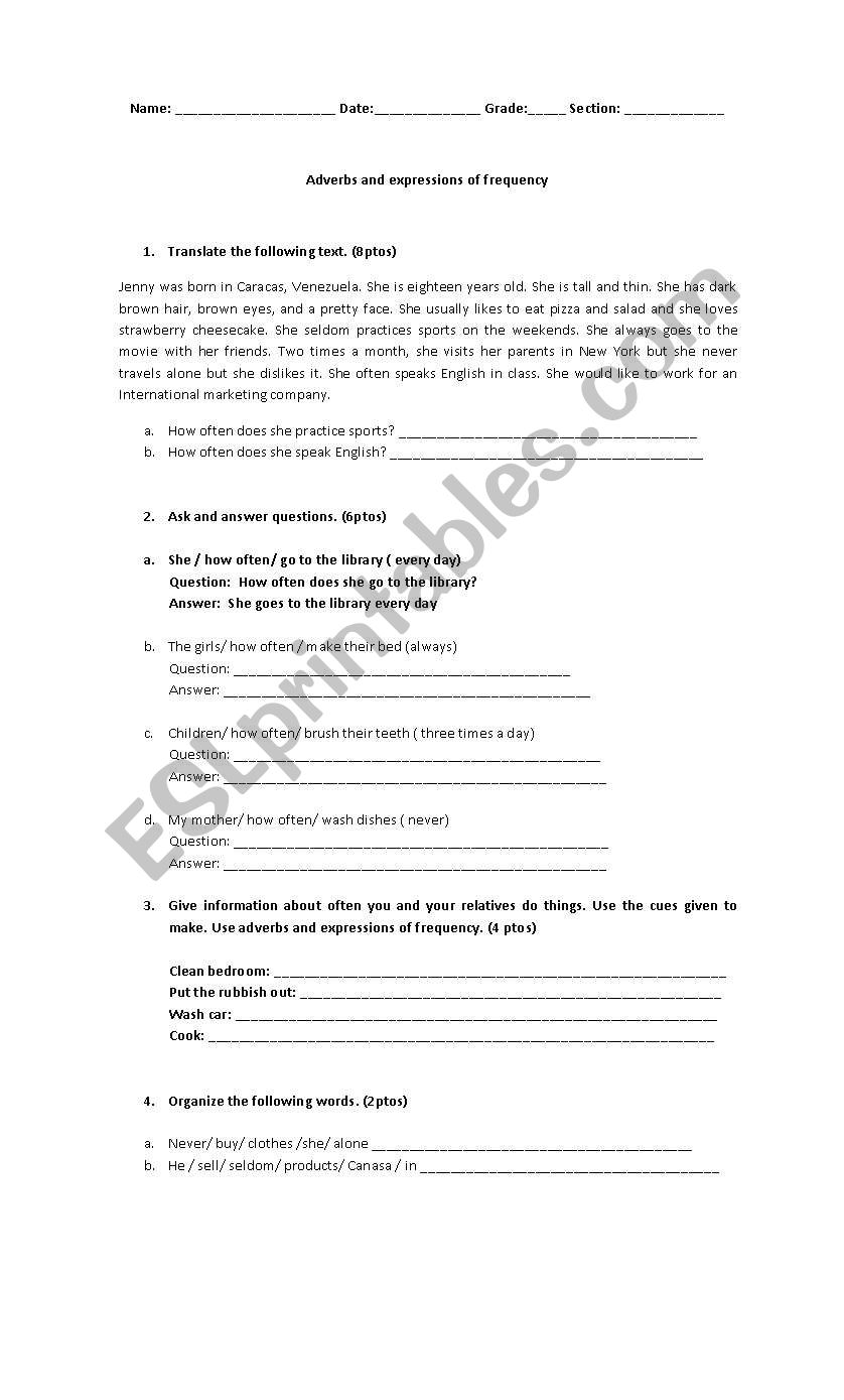frecuency adverbs worksheet